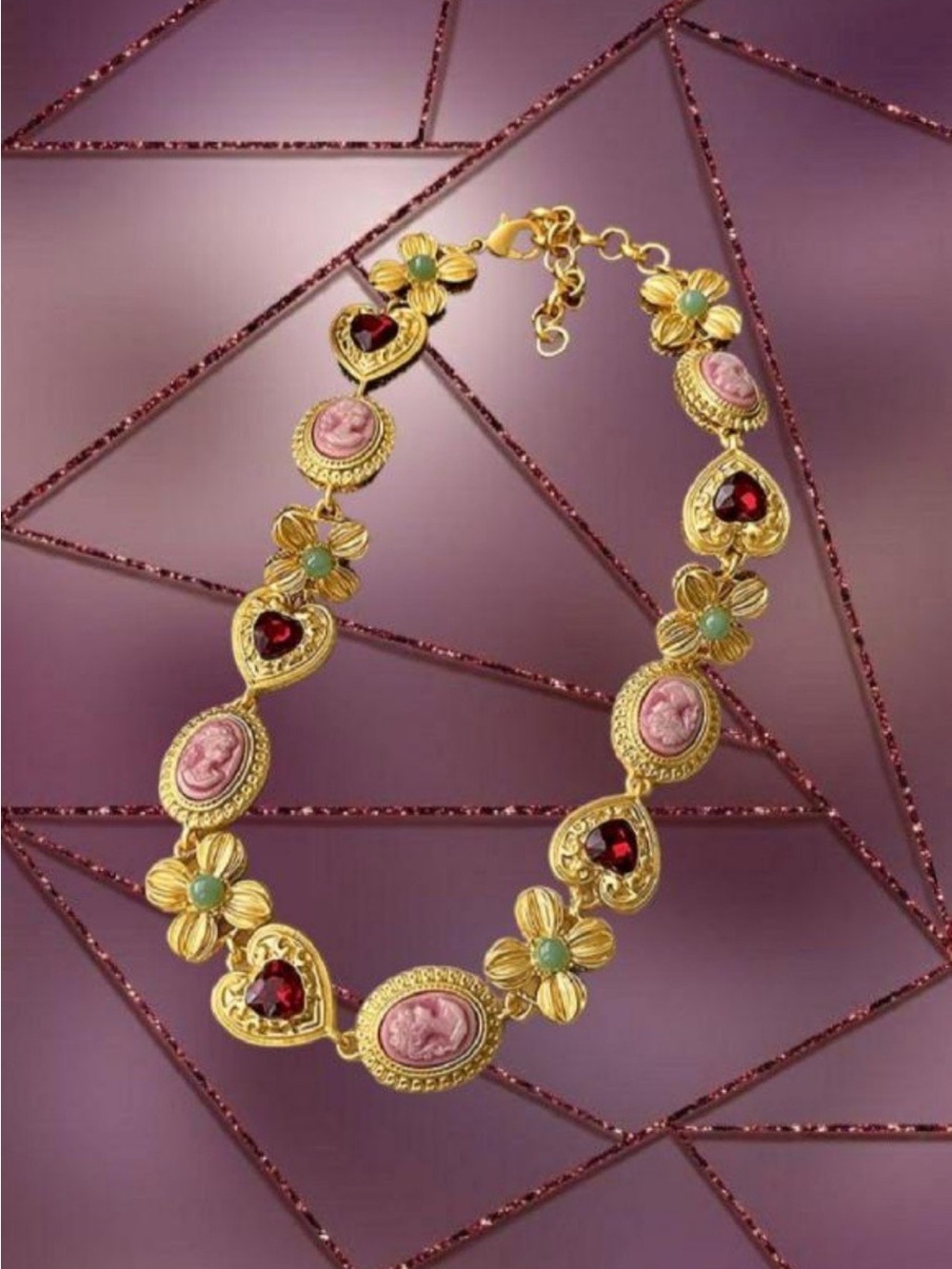 Gold Jeweled Maximalist Choker Necklace with Pink Cameos and Gem Accents